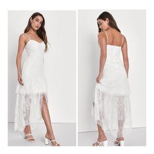NEW Lulus Elaborate Love White Lace Bustier Tiered High-Low Maxi Dress Large